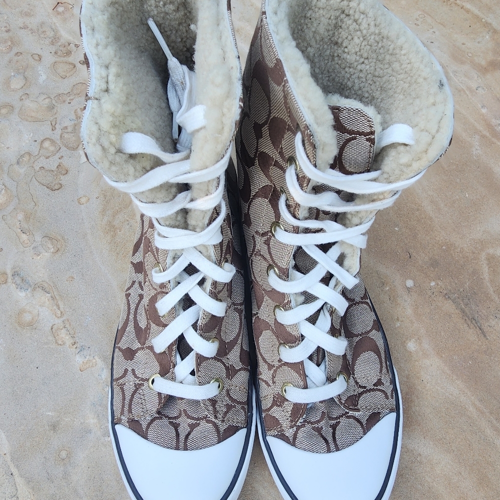 Women's Coach Bonney Sherling Brown and Tan High Top Signature Sneakers - Picture 6 of 6